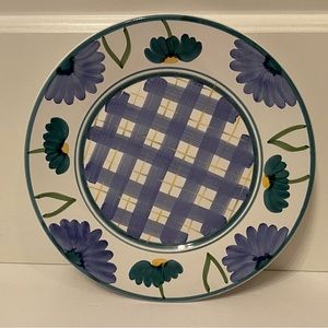 CALECA ARIOSO FLORAL PLAID LUNCHEON PLATE BLUE WHITE YELLOW HAND PAINTED ITALY
